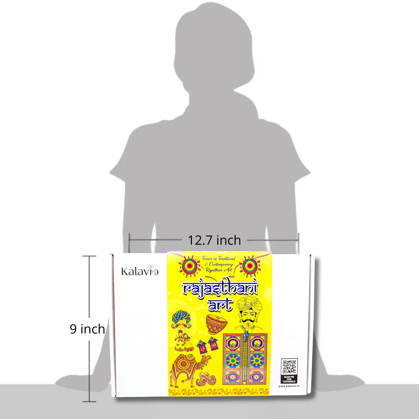 Kalavio Rajasthani Art DIY Kit box size – 12.7 x 9 inch white packaging shown against child silhouette - Indian folk art craft kit for kids India.