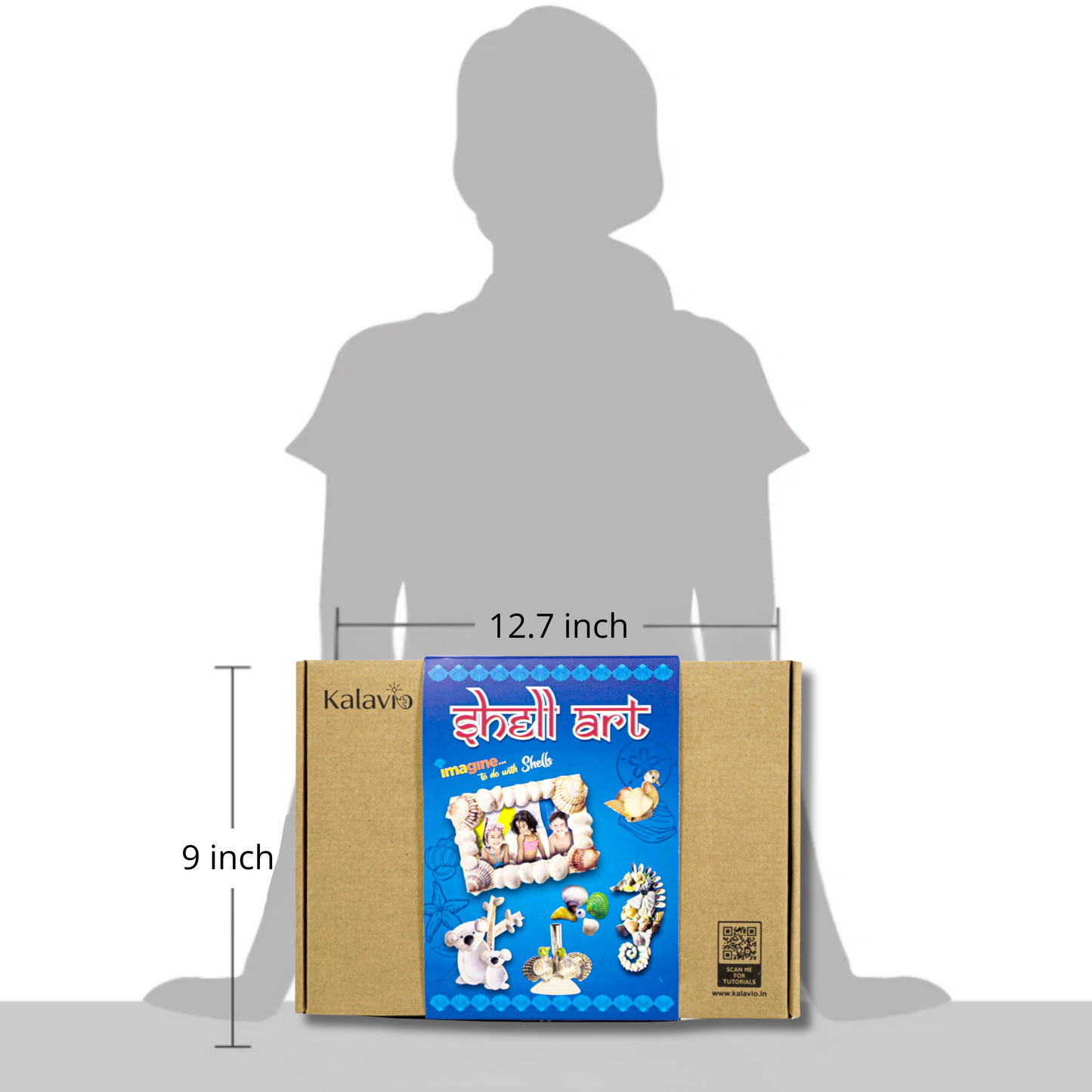 Kalavio Shell Art DIY Kit box size - 12.7 x 9 inch kraft packaging shown against child silhouette – seashell craft kit for kids India.