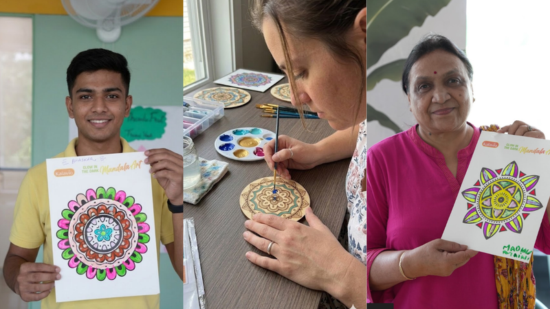 Adult woman painting a Mandala DIY craft kit at home for stress relief and mental wellness - Kalavio Indian art kit