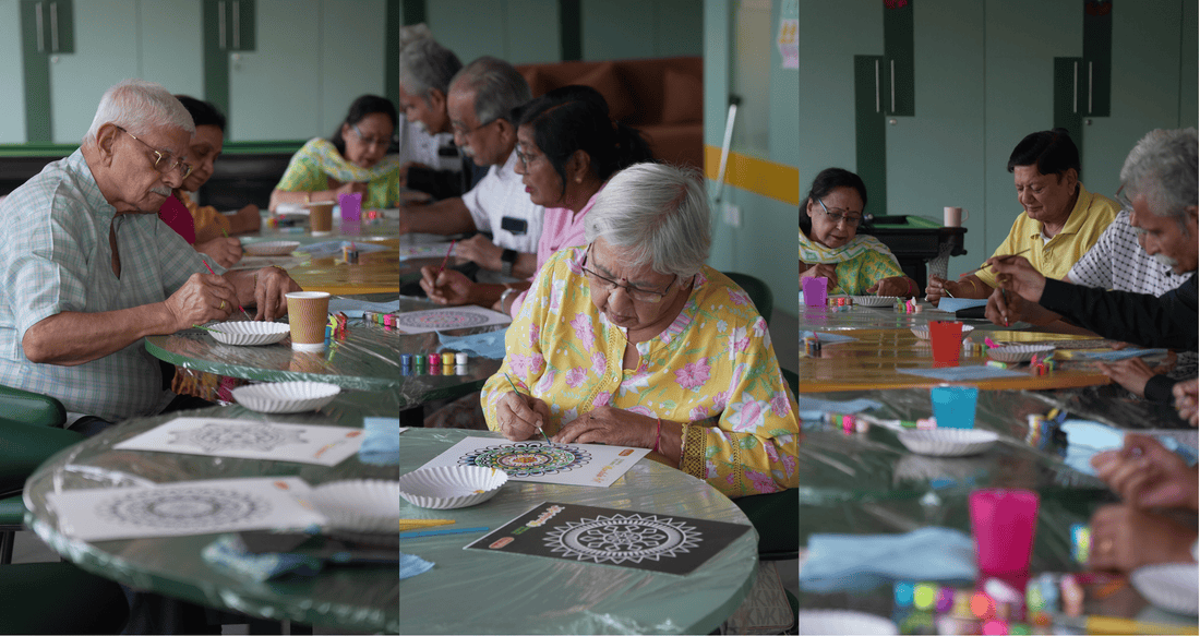 Image 1 — Aamra Workshop Seniors doing mandala art at Aamra club Gurgaon - Kalavio DIY mandala kit workshop for older adults   