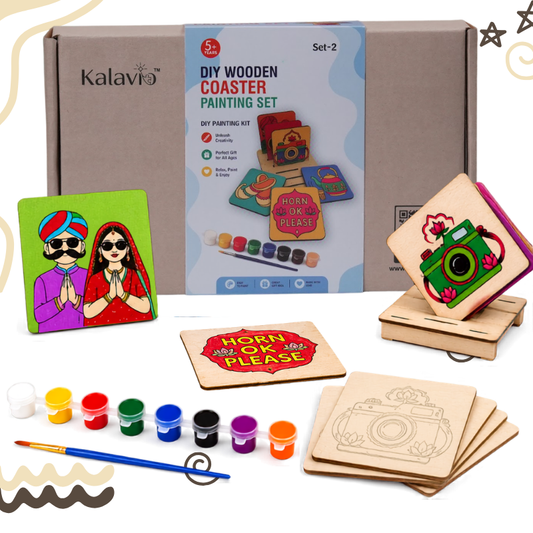Kalavio DIY Wooden Coaster Painting Kit Set 2 with 6 pre-printed MDF coasters, 12 paint colours, 2 brushes and palette for kids and adults