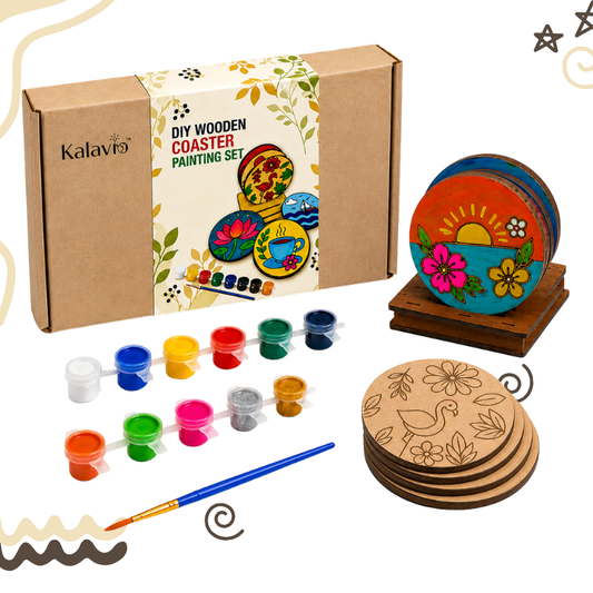 Kalavio DIY Wooden Coaster Painting Kit with 6 pre-printed MDF coasters, 12 paint colours, 2 brushes and palette for kids and adults