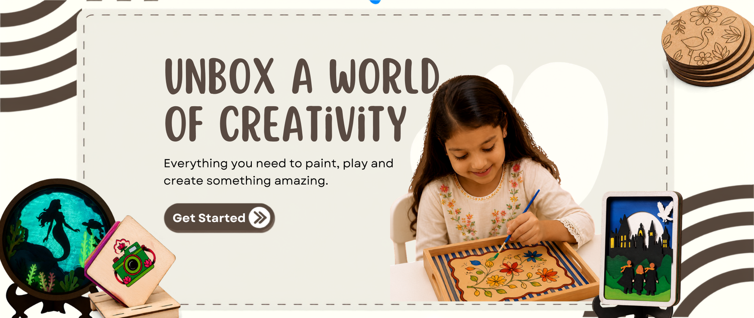 Creative DIY craft setup with paints, markers, and handmade mandala designs