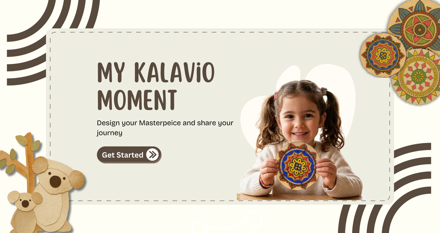 My Kalavio Movement – Young girl proudly holding a colorful hand-painted mandala craft kit, showcasing her artwork