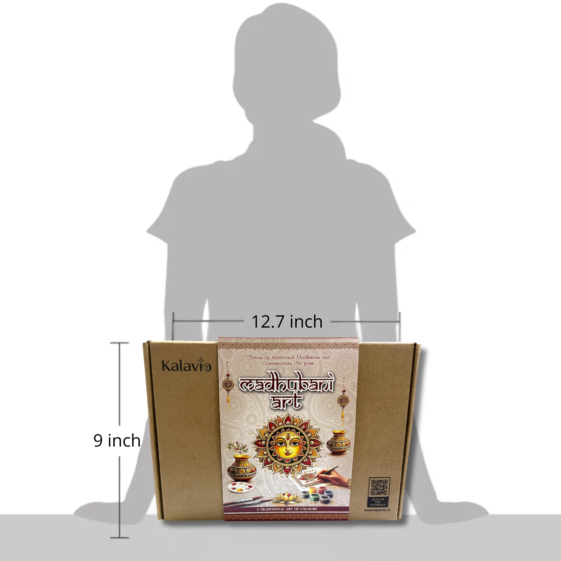 Kalavio Madhubani Art DIY Kit box size -12.7 x 9 inch kraft packaging shown against child silhouette – traditional Indian craft kit for kids India