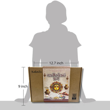 Kalavio Madhubani Art DIY Kit box size -12.7 x 9 inch kraft packaging shown against child silhouette – traditional Indian craft kit for kids India