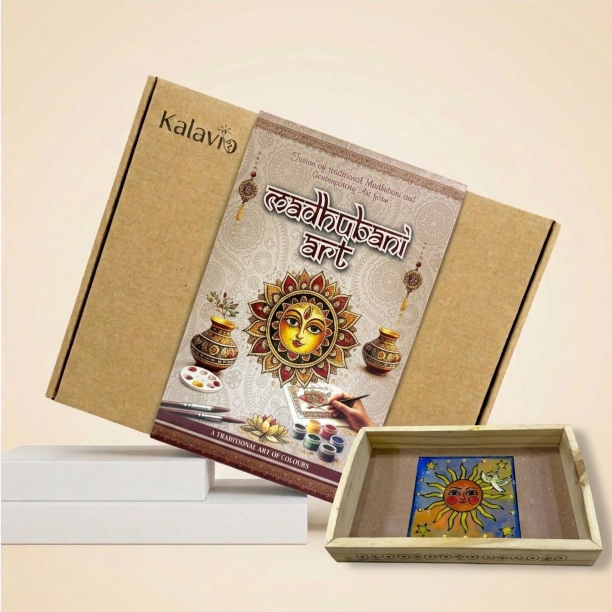 Kalavio Madhubani Art DIY Kit box with completed painted wooden tray showing traditional Indian sun motif - craft kit for kids and adults India