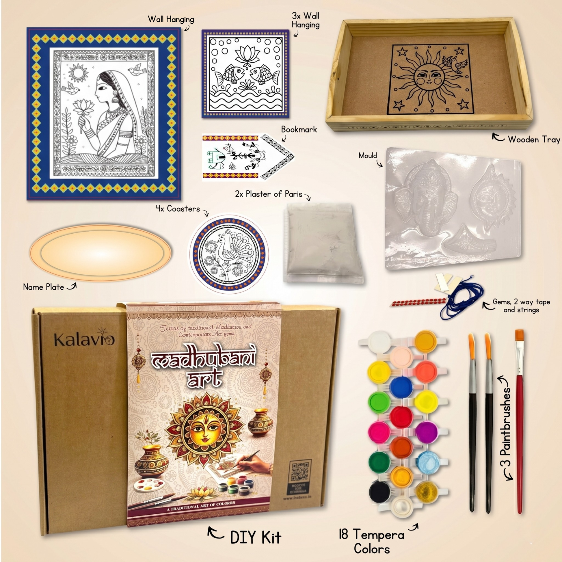 Kalavio Madhubani Art Kit contents - wooden tray, 4 coasters, wall hangings, bookmark, name plate, 2 plaster of paris, mould, gems, strings, 18 tempera colours and 3 paintbrushes - DIY craft kit India 