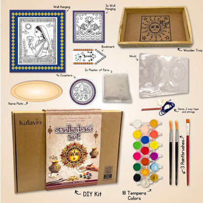 Kalavio Madhubani Art Kit contents - wooden tray, 4 coasters, wall hangings, bookmark, name plate, 2 plaster of paris, mould, gems, strings, 18 tempera colours and 3 paintbrushes - DIY craft kit India 