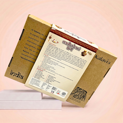 Back of Kalavio Madhubani Art Kit box showing full contents list, usage instructions and brand story - traditional Indian art DIY kit Made in India