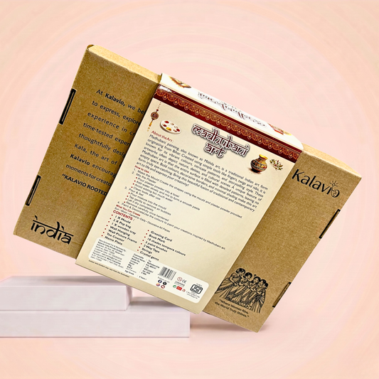 Back of Kalavio Madhubani Art Kit box showing full contents list, usage instructions and brand story - traditional Indian art DIY kit Made in India