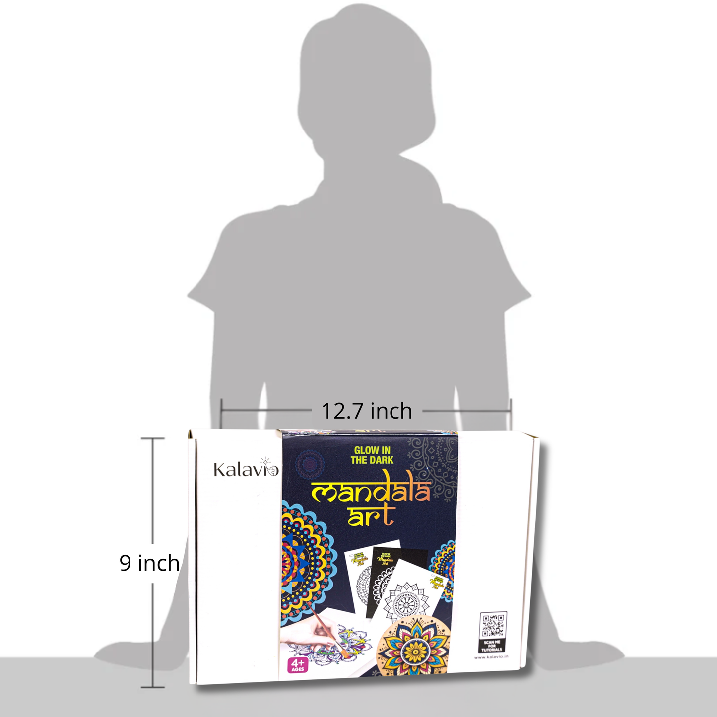 Kalavio Glow in the Dark Mandala Art Kit box size - 12.7 x 9 inch packaging shown against child silhouette, DIY art kit for kids India