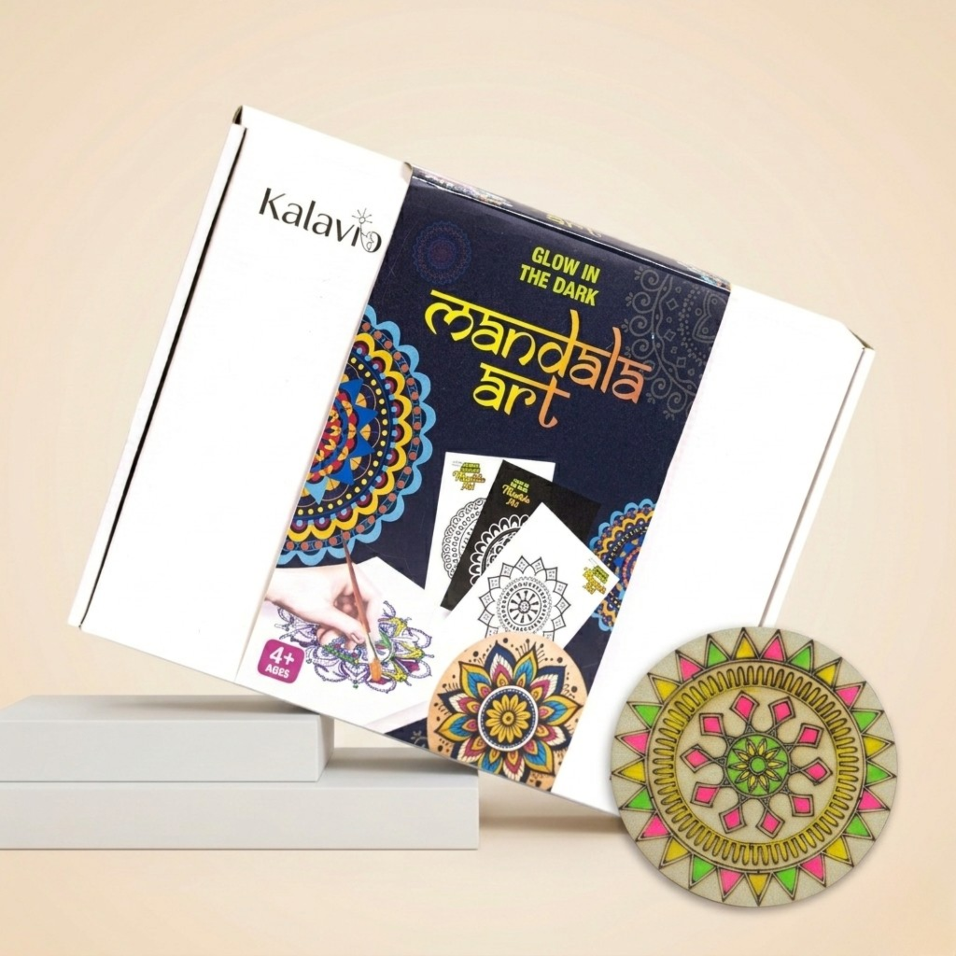 Kalavio Glow in the Dark Mandala Art DIY Kit box with colourful painted wooden coaster - craft kit for kids ages 6 and above, India