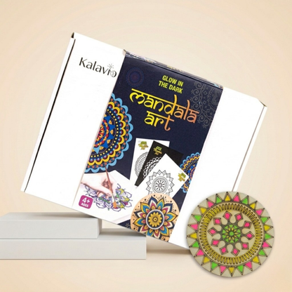 Kalavio Glow in the Dark Mandala Art DIY Kit box with colourful painted wooden coaster - craft kit for kids ages 6 and above, India