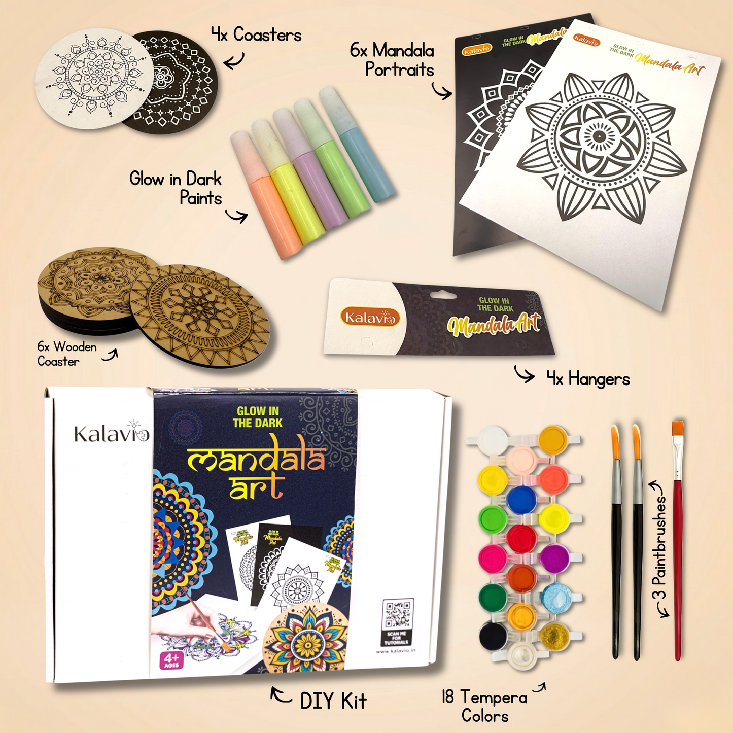 Kalavio Glow in the Dark Mandala Art Kit contents - 6 wooden coasters, 4 mandala portraits, glow in the dark paints, 18 tempera colours, 3 paintbrushes and 4 hangers, DIY craft kit India