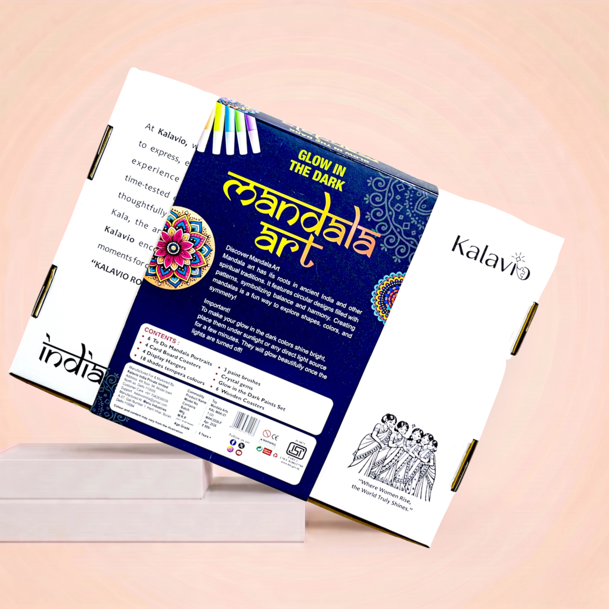 Back of Kalavio Glow in the Dark Mandala Art Kit box showing kit contents, instructions and brand story - Made in India DIY craft kit