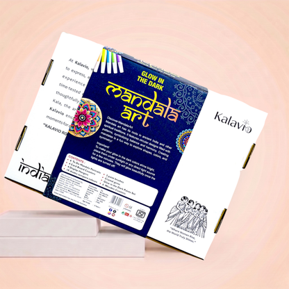 Back of Kalavio Glow in the Dark Mandala Art Kit box showing kit contents, instructions and brand story - Made in India DIY craft kit