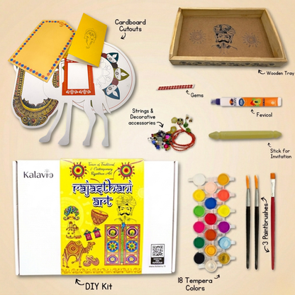 Kalavio Rajasthani Art Kit contents - wooden tray, cardboard cutouts, camel figurine, gems, strings, decorative accessories, fevicol, invitation stick, 18 tempera colours and 3 paintbrushes - DIY craft kit India.