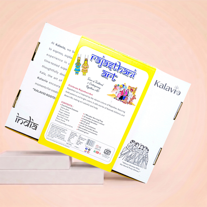 Back of Kalavio Rajasthani Art Kit box showing full contents list, art history and brand story – traditional Rajasthani folk art DIY kit Made in India.