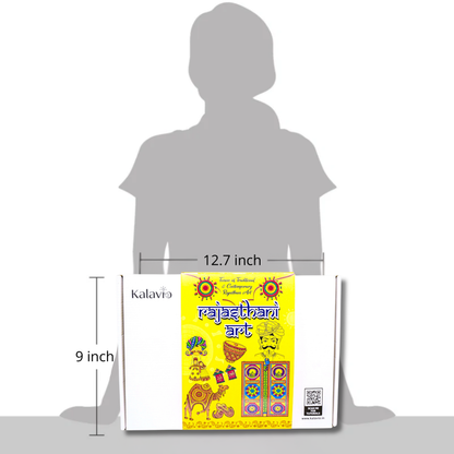 Kalavio Rajasthani Art DIY Kit box size – 12.7 x 9 inch white packaging shown against child silhouette - Indian folk art craft kit for kids India.