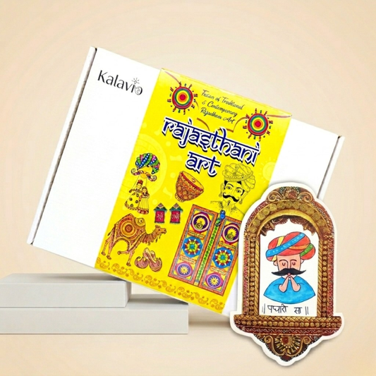 Kalavio Rajasthani Art DIY Kit box with  painted wall hanging showing Rajasthani man in turban - traditional Indian craft kit for kids and adults India.