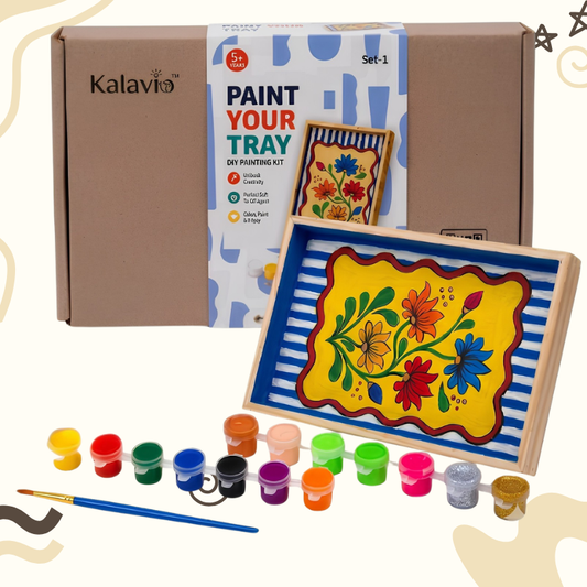 Kalavio Paint Your Wooden Tray DIY Painting Kit Set 1 with pre-printed MDF tray, 12 paint colours, 2 brushes and palette for kids and adults