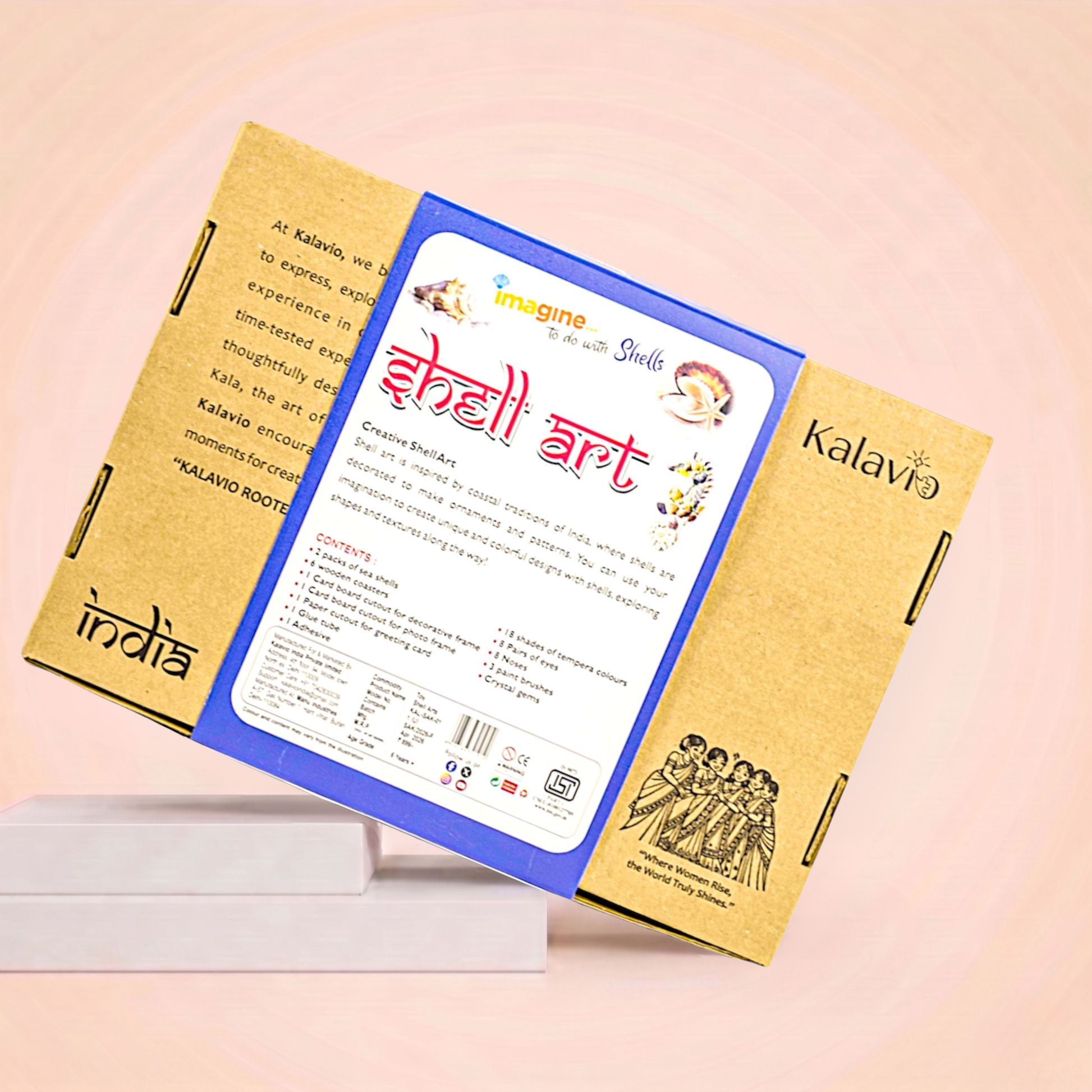 Back of Kalavio Shell Art Kit box showing full contents list, creative shell art description and brand story - coastal inspired DIY craft kit Made in India.