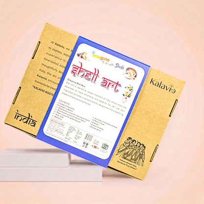 Back of Kalavio Shell Art Kit box showing full contents list, creative shell art description and brand story - coastal inspired DIY craft kit Made in India.