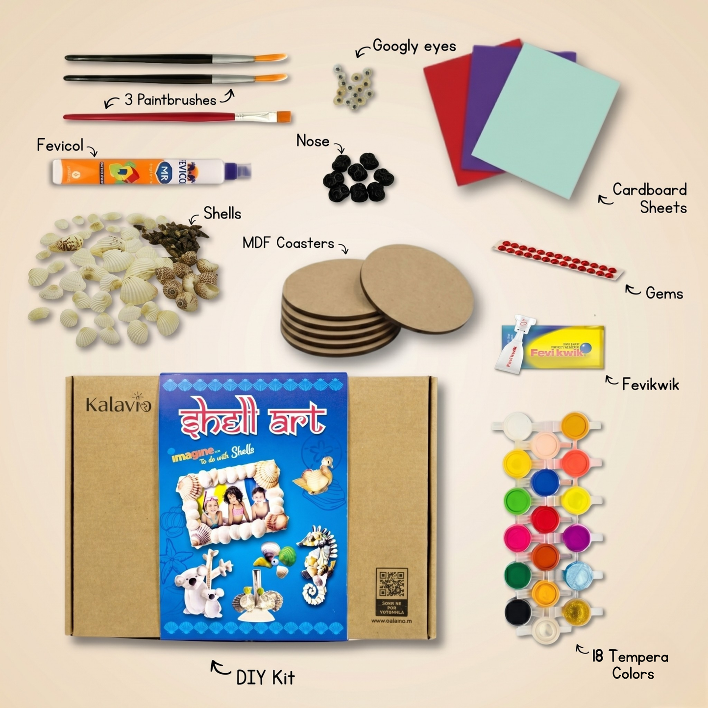 Kalavio Shell Art Kit contents - real seashells, MDF coasters, cardboard sheets, googly eyes, noses, gems, fevicol, fevikwik, 18 tempera colours and 3 paintbrushes – DIY craft kit for kids India.
