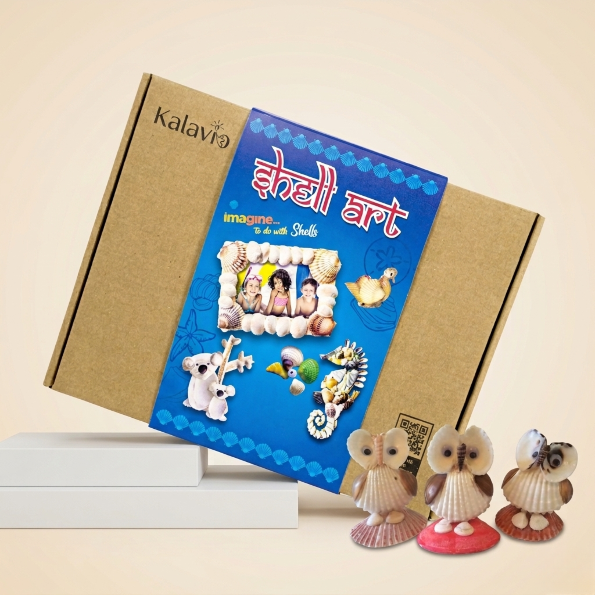 Kalavio Shell Art DIY Kit box with completed shell owl figurines  - creative craft kit for kids using real seashells, India