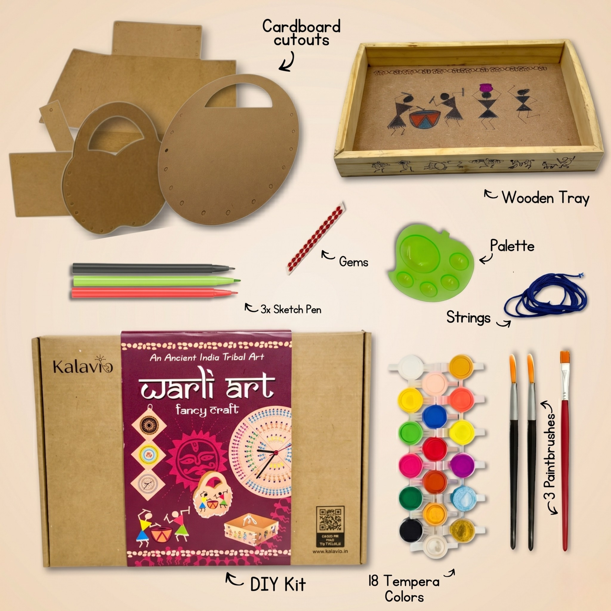 Kalavio Warli Art Kit contents -  wooden tray, cardboard cutouts, 3 sketch pens, gems, strings, palette, 18 tempera colours and 3 paintbrushes – tribal Indian DIY craft kit for kids India.