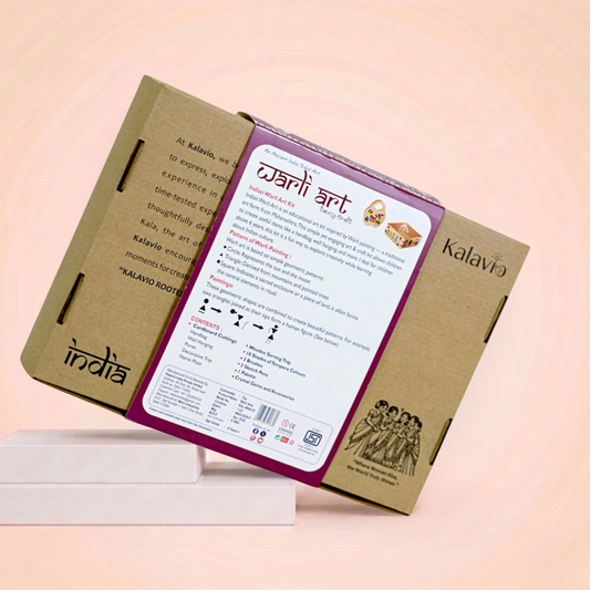 Back of Kalavio Warli Art Kit box showing contents list, Warli painting patterns guide and brand story - ancient tribal Indian art DIY kit Made in India.