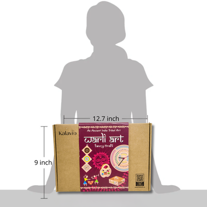 Kalavio Warli Art DIY Kit box size - 12.7 x 9 inch kraft packaging shown against child silhouette – tribal Indian folk art craft kit for kids India.