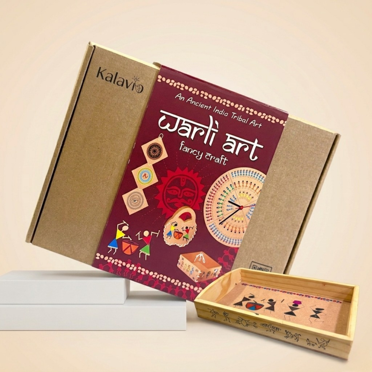 Kalavio Warli Art DIY Kit box with completed wooden tray painted with tribal Warli figures -  ancient Indian folk art craft kit for kids India.