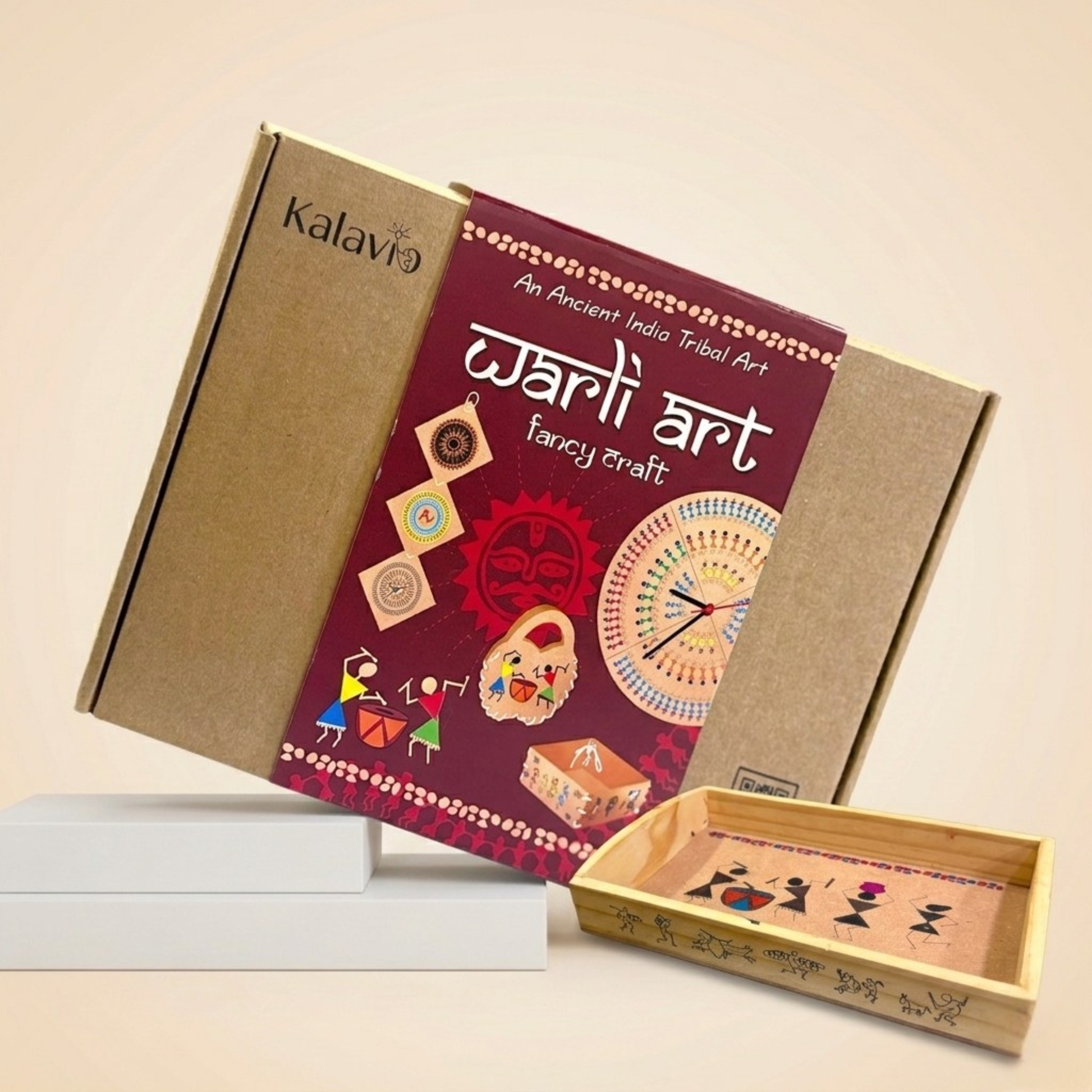 Kalavio Warli Art DIY Kit box with completed wooden tray painted with tribal Warli figures -  ancient Indian folk art craft kit for kids India.